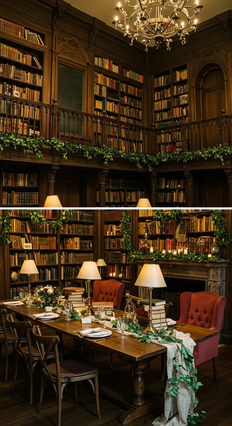 Diner in klassieke bibliotheek met groene guirlandes, schemerlampen, boeken en kaarsen.