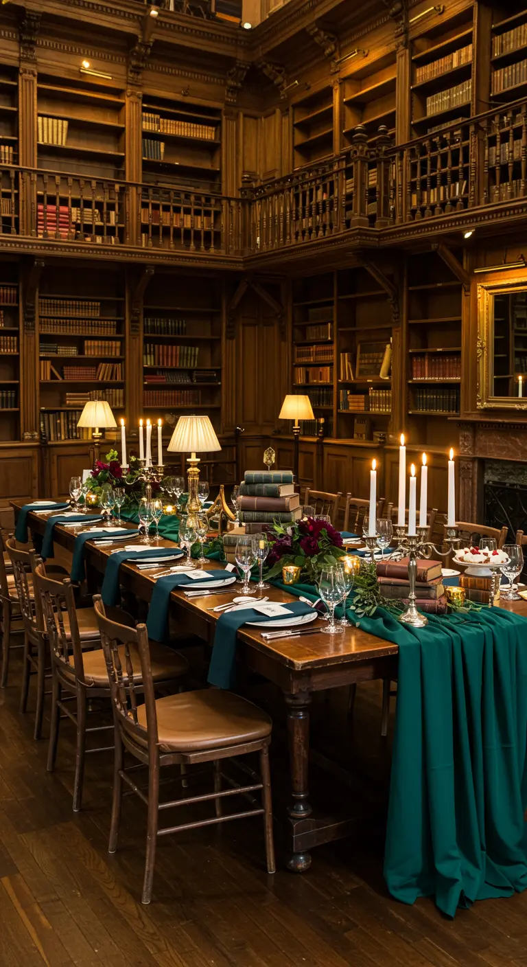 Elegant bruiloftsdiner in een bibliotheek met lange tafel, boeken en kandelaars.