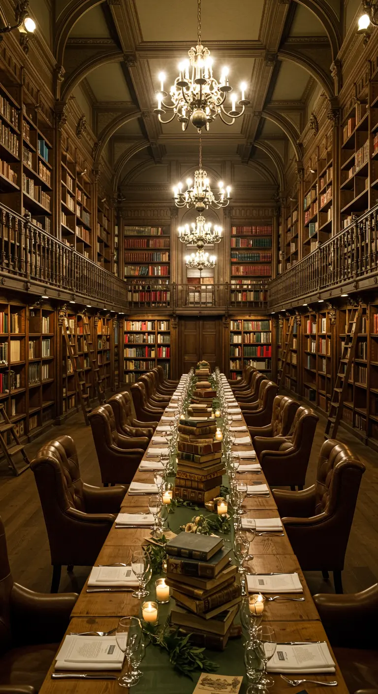 Bruiloftsdiner in een bibliotheek met lange tafel, boeken als decoratie en kaarslicht.