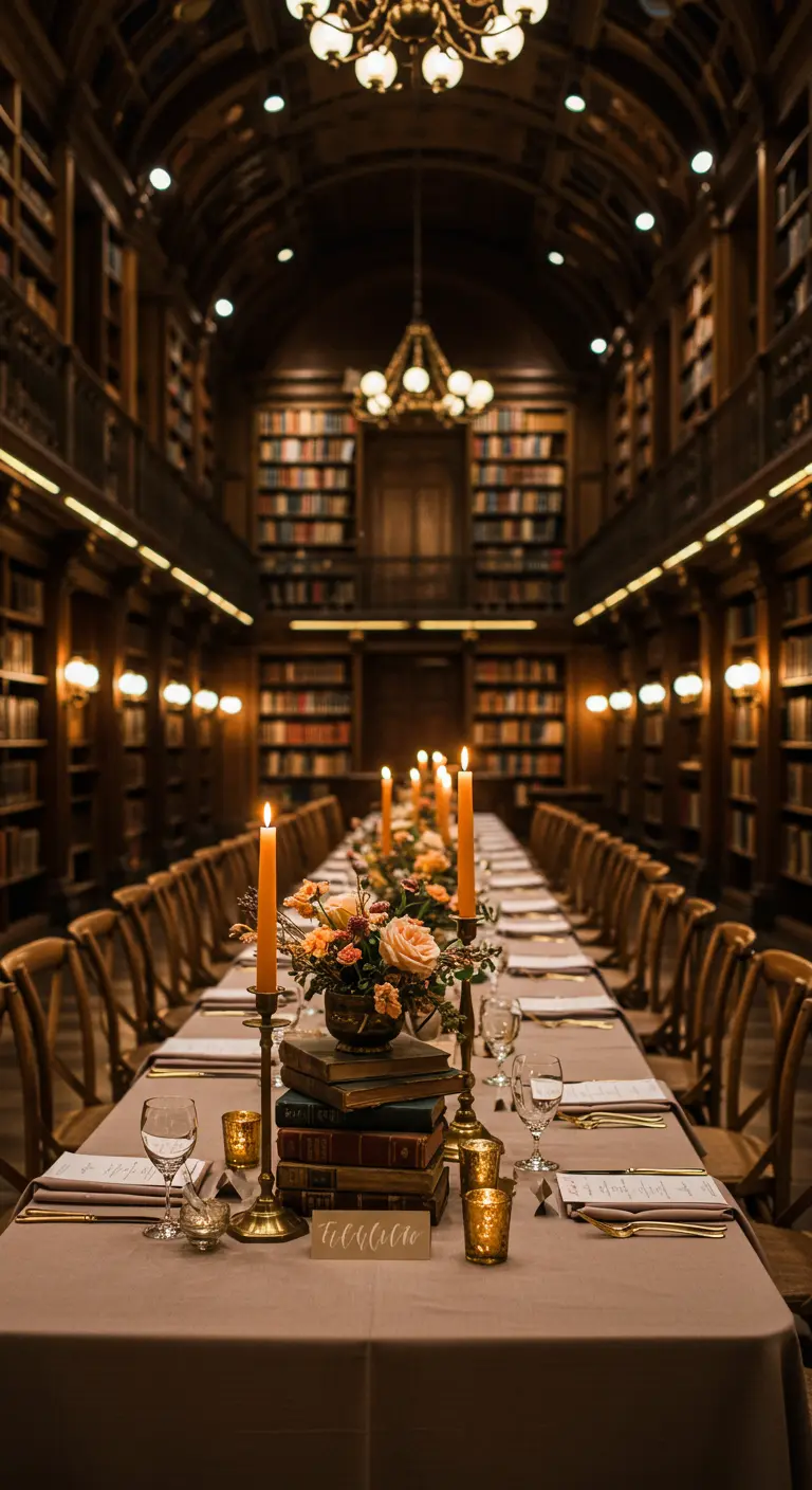 Lange eettafel in bibliotheek met boeken als centerpieces en perzik bloemen.