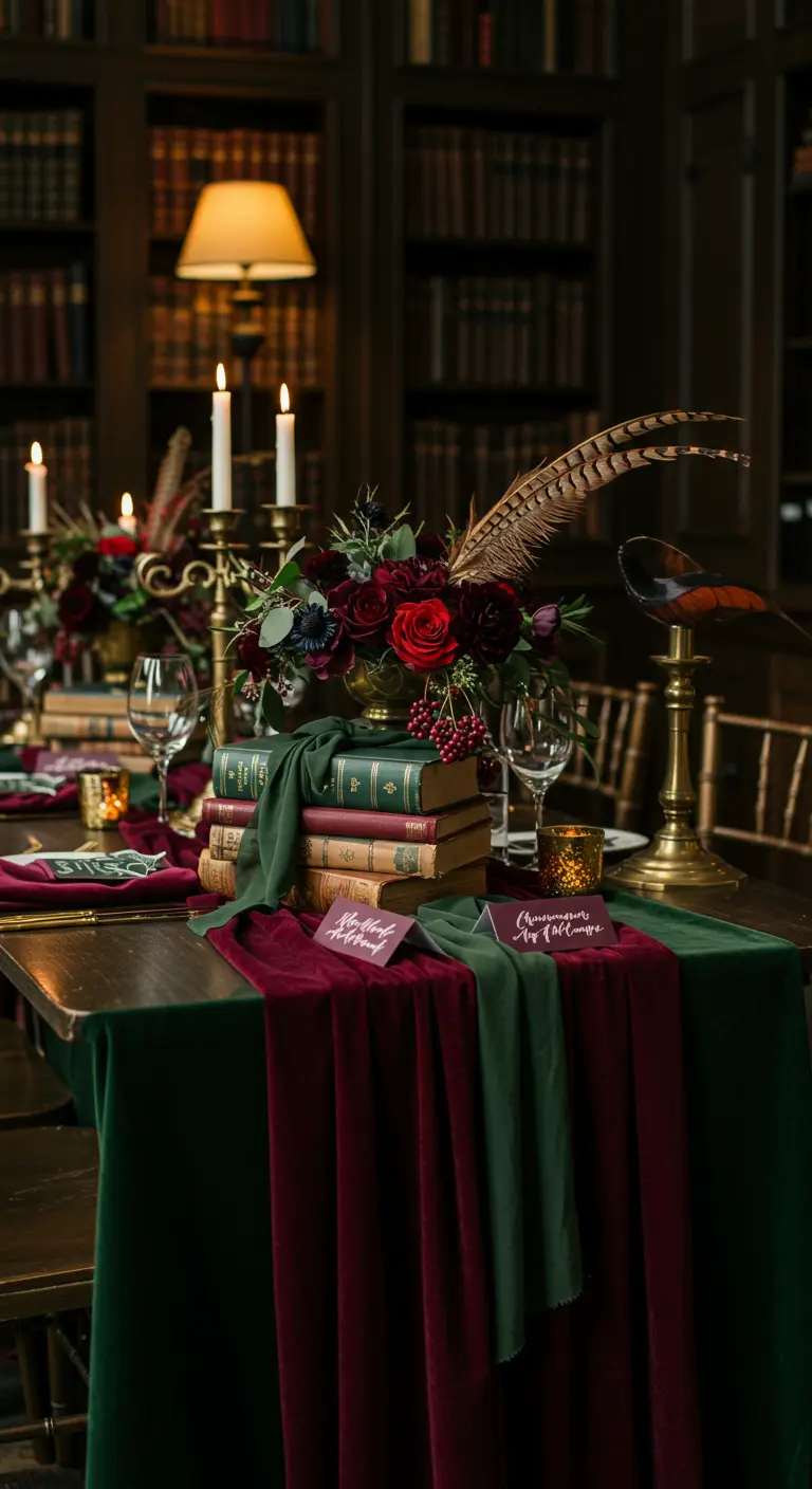 Luxe tafelsetting met boeken, fluweel, donkere bloemen en veren.