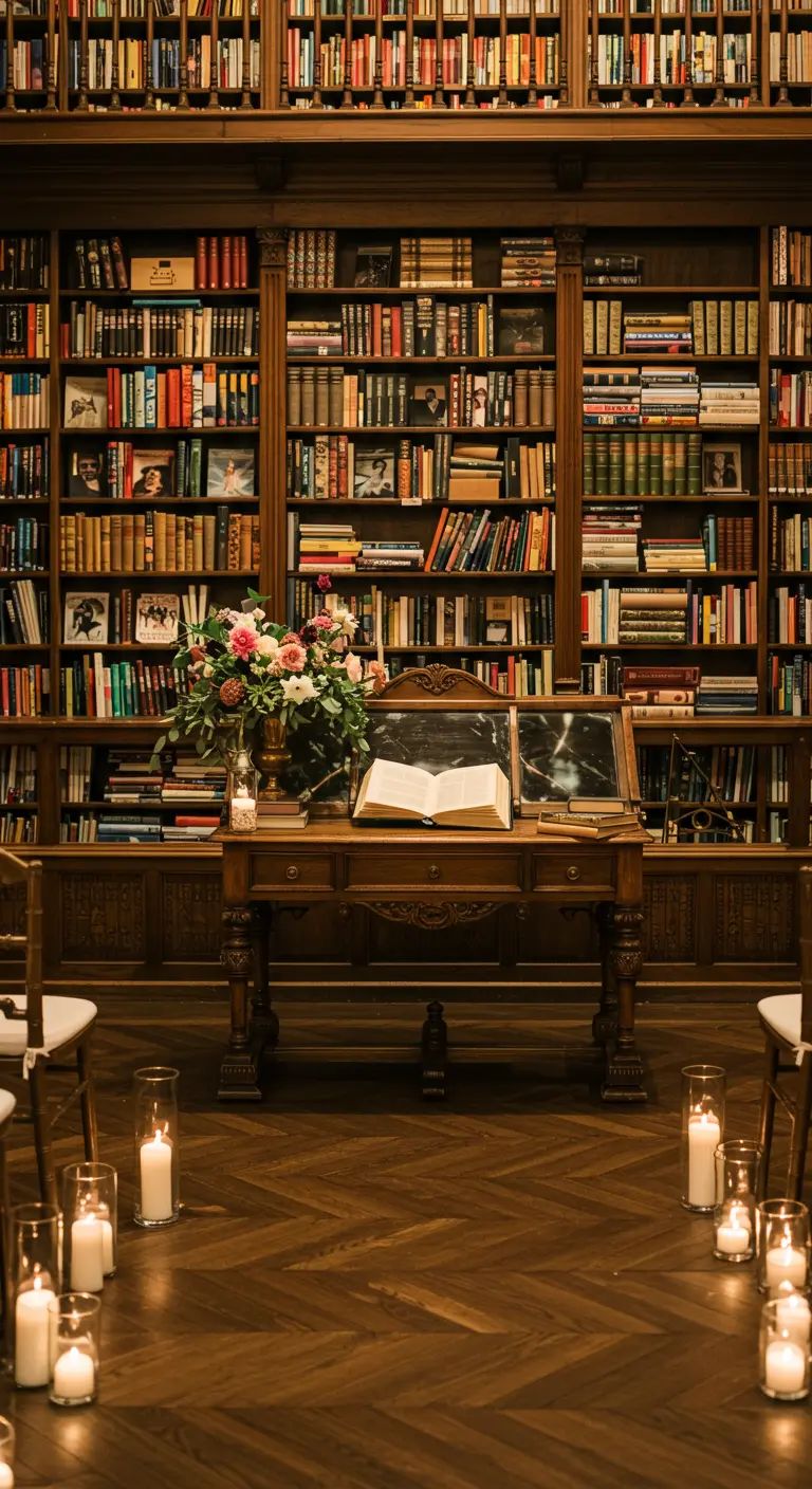 Ceremonie in bibliotheek: altaar voor boekenkast, bloemen, kaarsen.