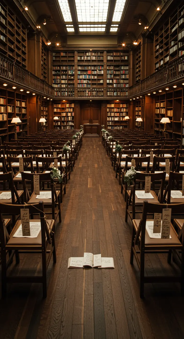 Trouwceremonie in een klassieke bibliotheek met houten stoelen.