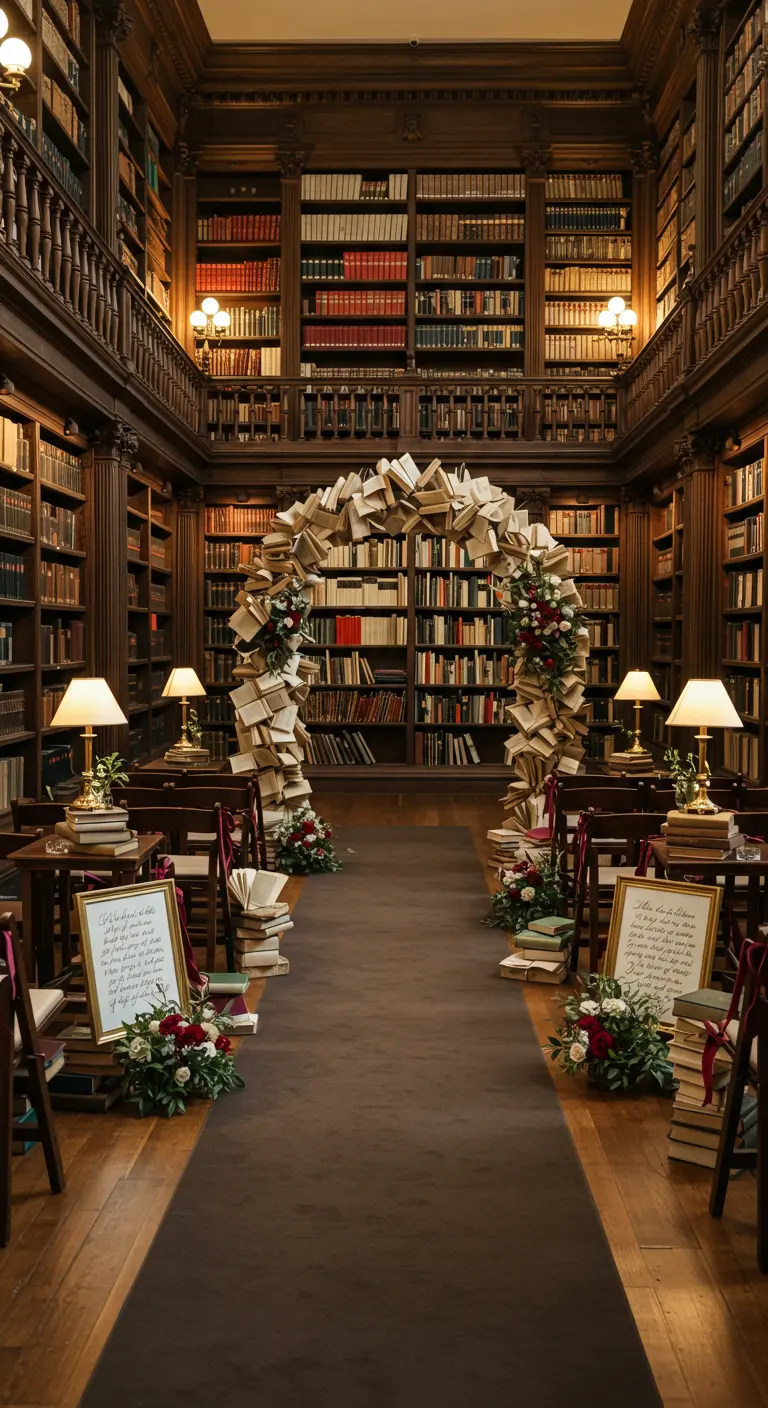 Ceremonieboog van boeken in een klassieke bibliotheek, met schemerlampen.