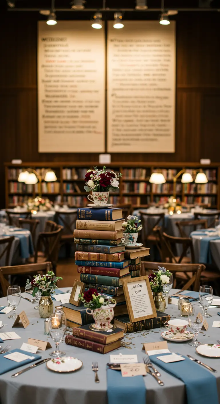 Bruiloftstafel met een stapel boeken als centerpiece, versierd met bloemen in theekopjes.