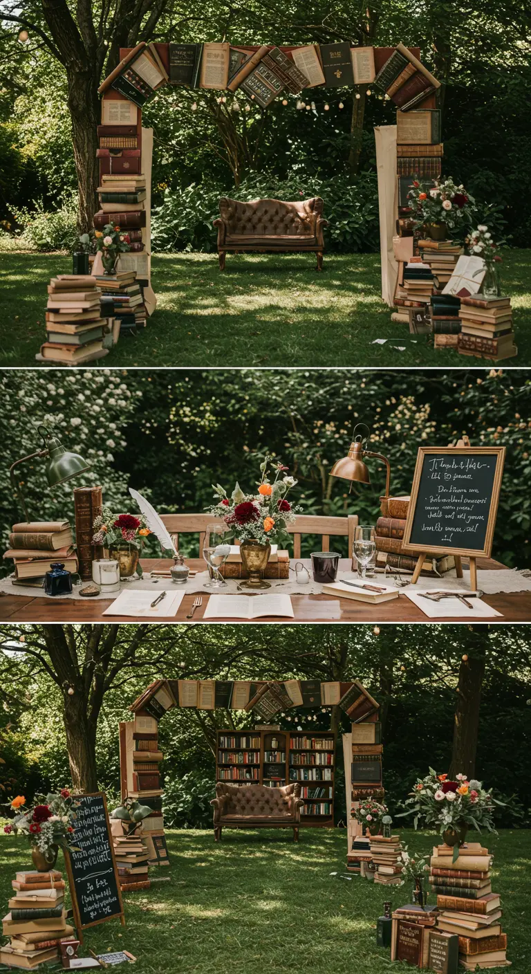 Trouwceremonie setting met een altaar en decoraties gemaakt van boeken.