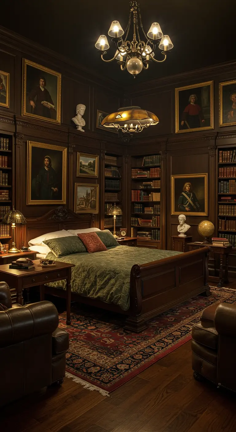 Donkere klassieke slaapkamer met houten bed, boekenkasten rondom en klassieke verlichting.