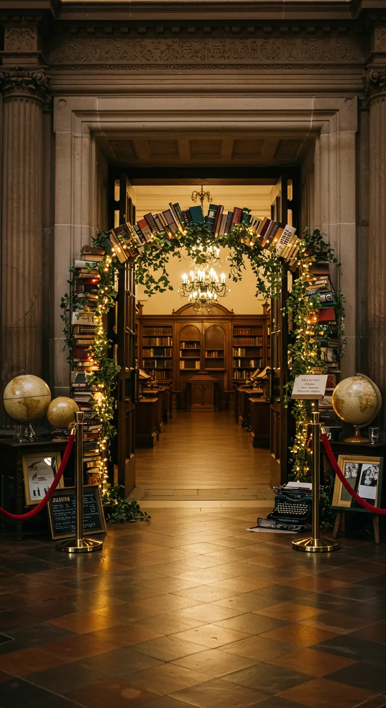Bibliotheek entree met boekenboog, klimop, lichtjes, globes en vintage decor.