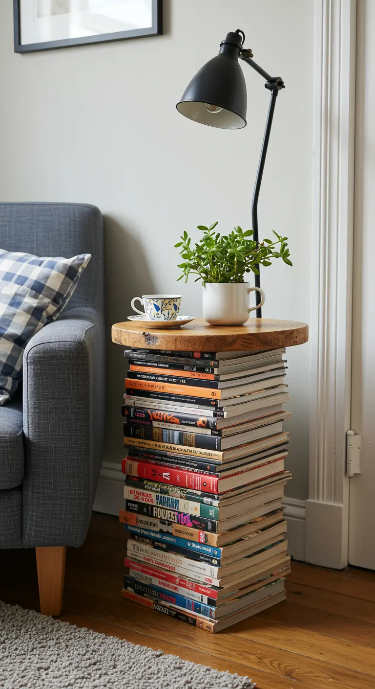 Stapel boeken met houten blad erop, gebruikt als bijzettafel naast een bank.