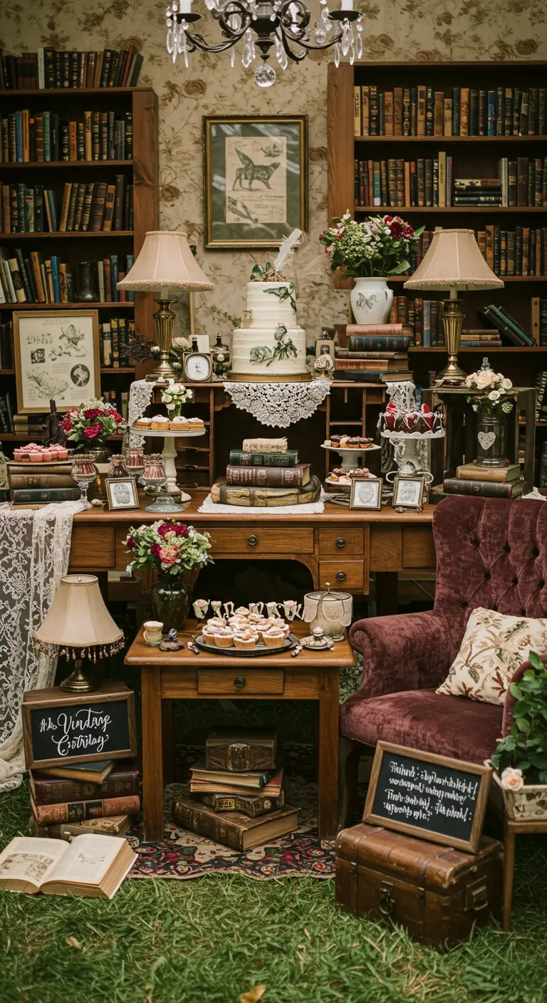 Vintage bibliotheek themafeest met boeken, fauteuil en antieke details.