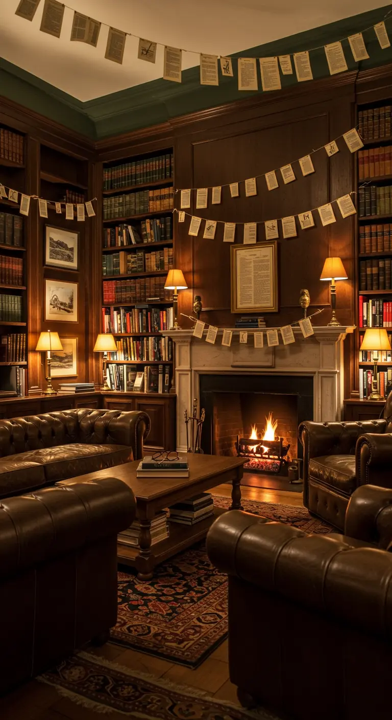 Bibliotheekruimte met slingers van boekenpagina's over de boekenplanken en open haard.