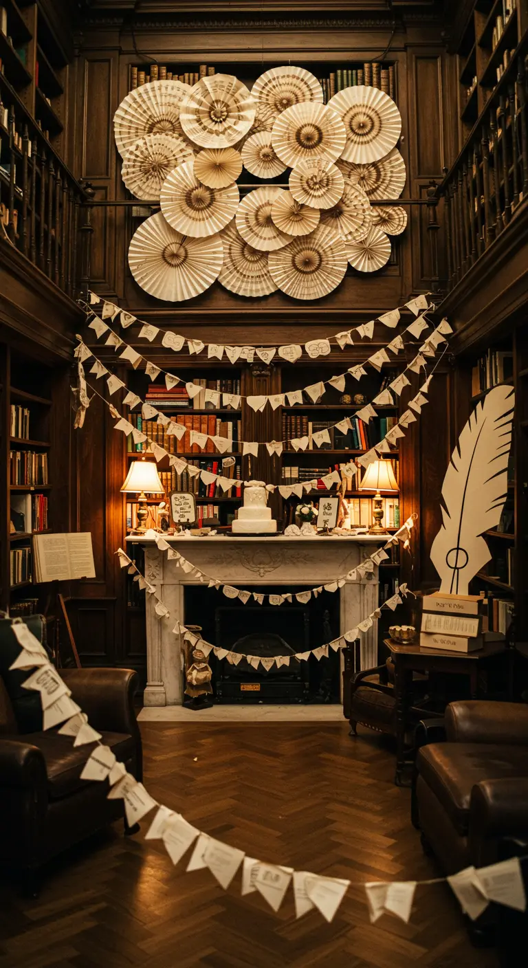 Bibliotheeksetting met crèmekleurige papieren waaiers en vlaggenlijnen boven een schouw.