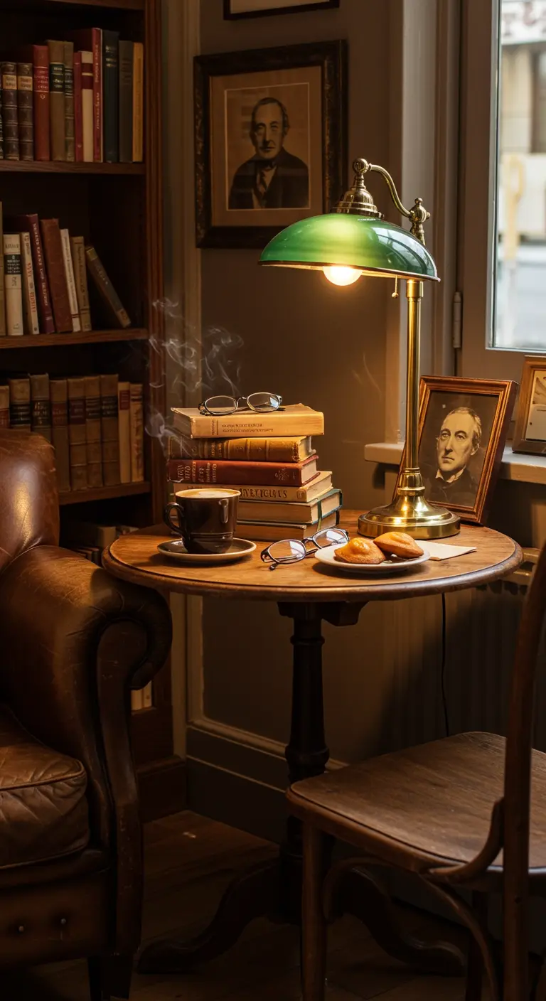 Donker leeshoekje met klassieke lamp, boeken, koffie en madeleines.