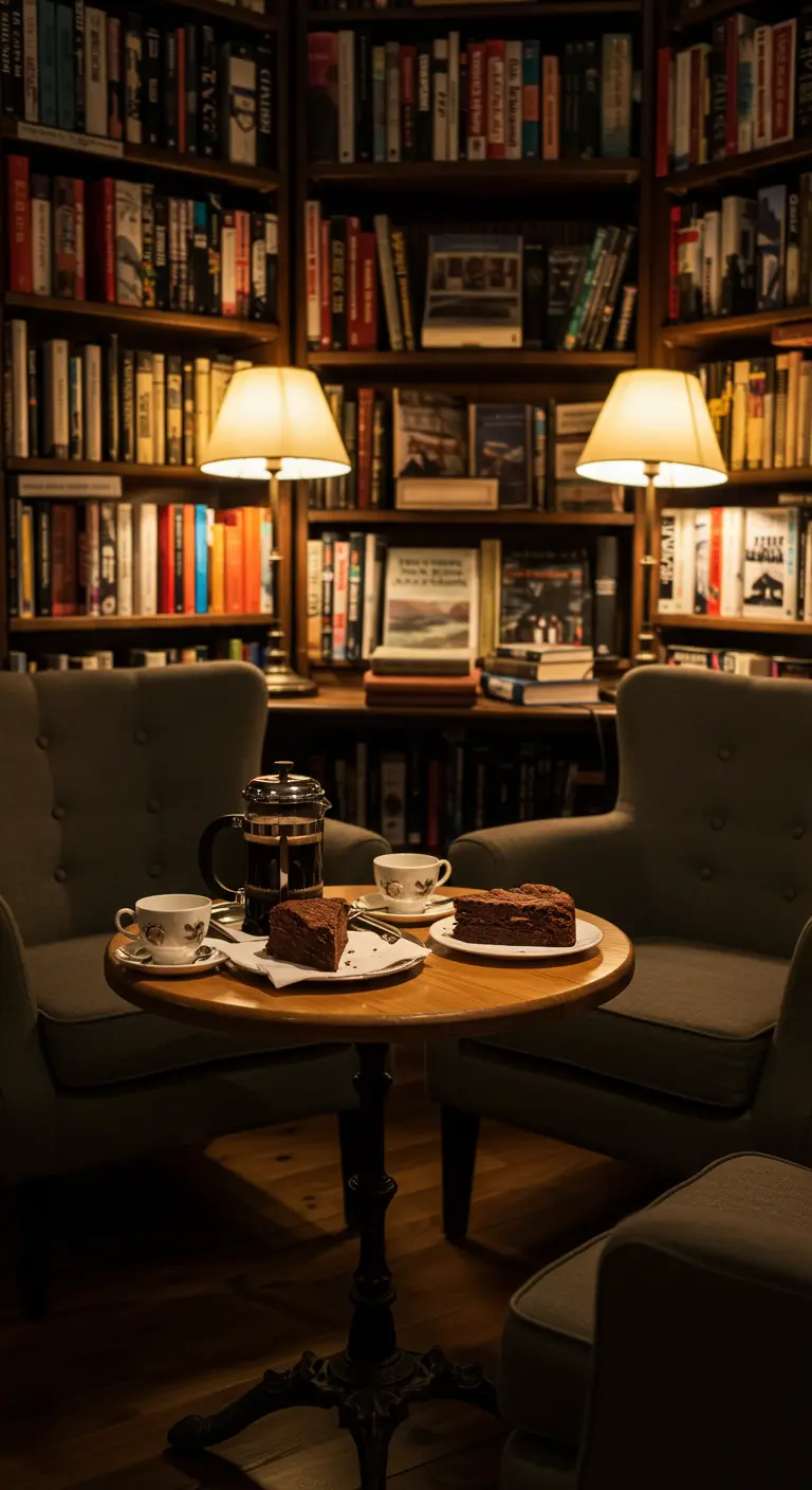 Knusse bibliotheek met fauteuils, boeken, koffie en cake bij schemerlicht.