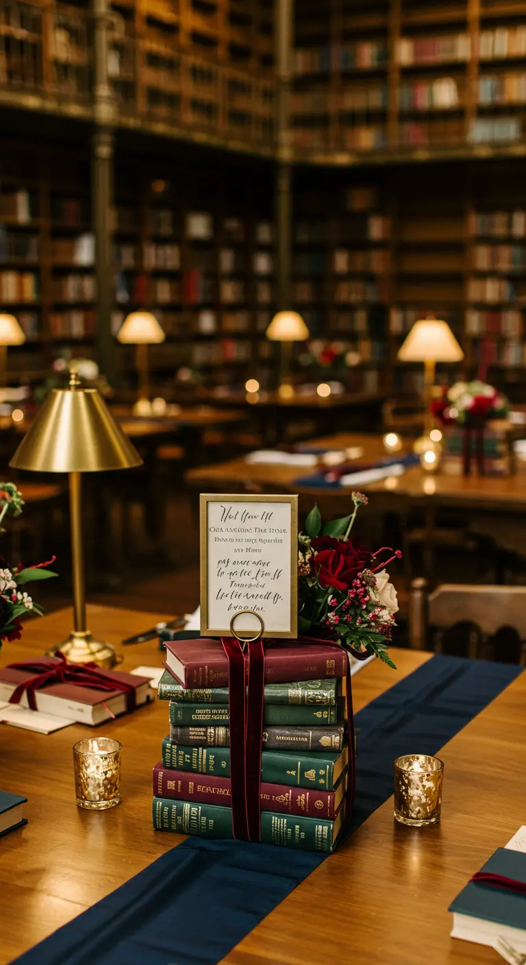 Tafeldecoratie met een stapel boeken, bloemen en een kaartje met een quote in een bibliotheeksetting.