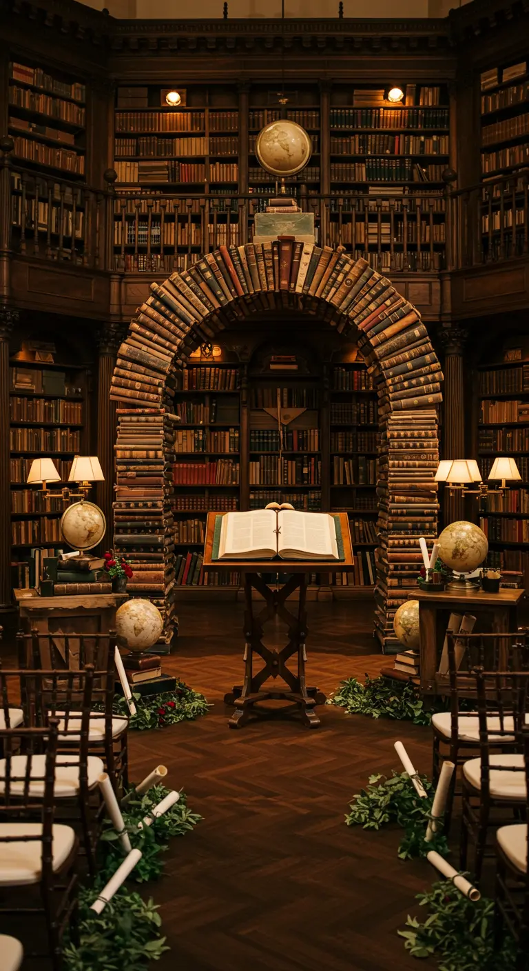 Ceremonie-opstelling in bibliotheekstijl met boekenboog, lessenaar en wereldbollen.