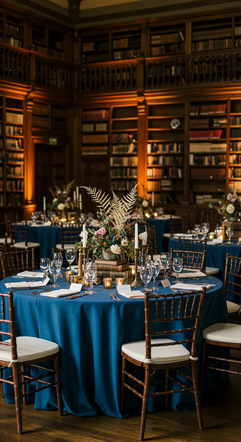 Bruiloftstafel in bibliotheek met blauw linnen en droogbloemen op boeken.
