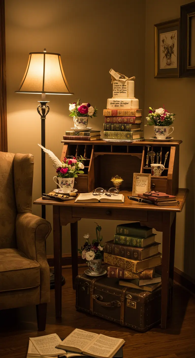 Vintage taarttafel op een bureau met boeken, een oude koffer en een klassieke lamp.