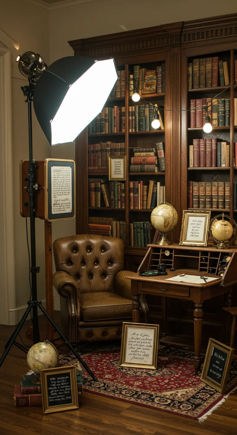 Literaire photobooth met volle boekenkasten, leren fauteuil, bureau, globes en ingelijste teksten.