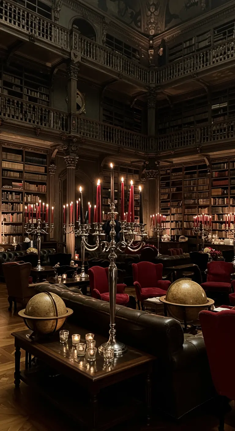 Donkere bibliotheek met fauteuils, kandelaars en wereldbollen.
