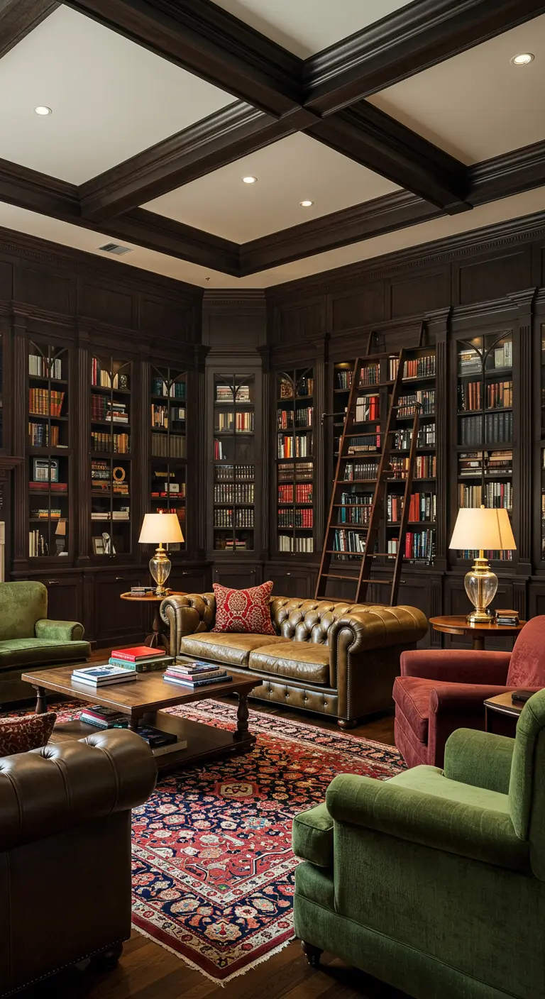 Klassieke woonkamer met donkerhouten kamerhoge boekenkasten en een bibliotheekladder.