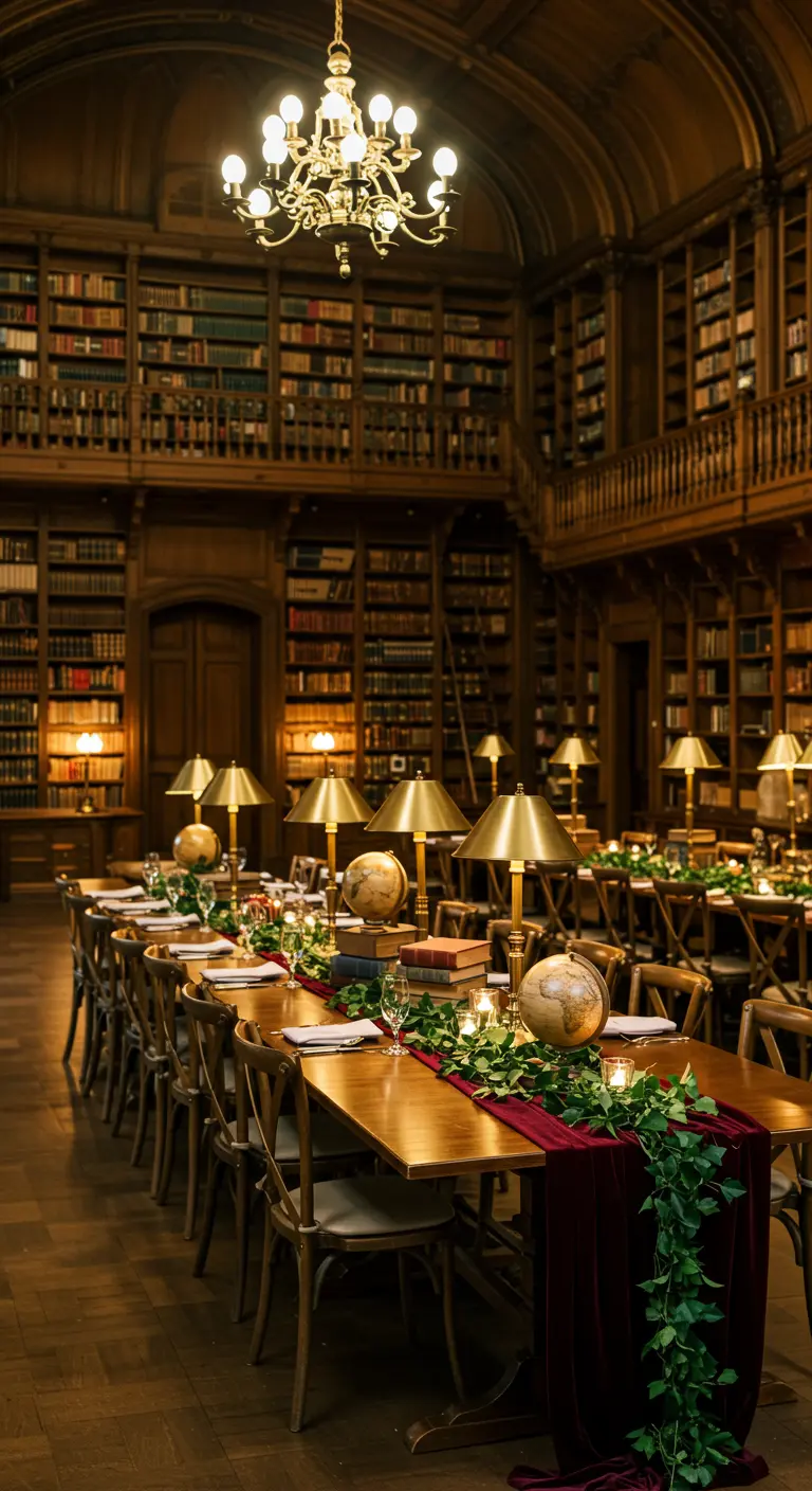 Bibliotheek eetzaal met lange tafel, bordeauxrode loper, globes, boeken en tafellampen.