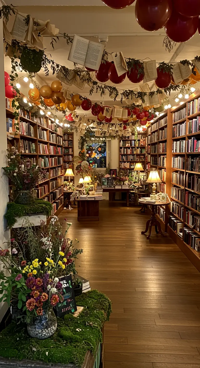 Boekenwinkel thema decoratie met ballonnen, open boeken, bloemen en warme verlichting.