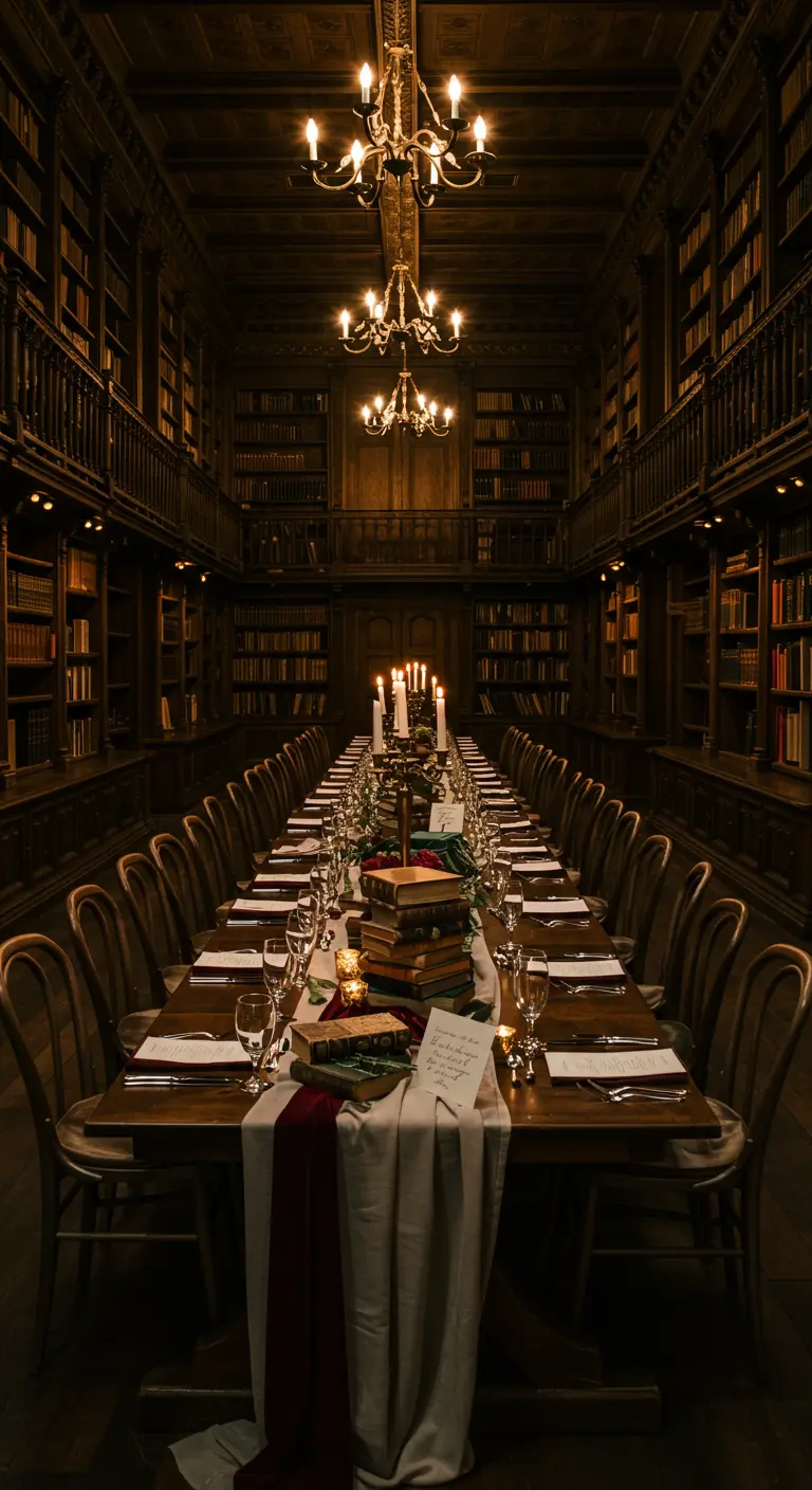 Lange, gedekte tafel in een donkere bibliotheek met boeken als decoratie en kaarslicht.