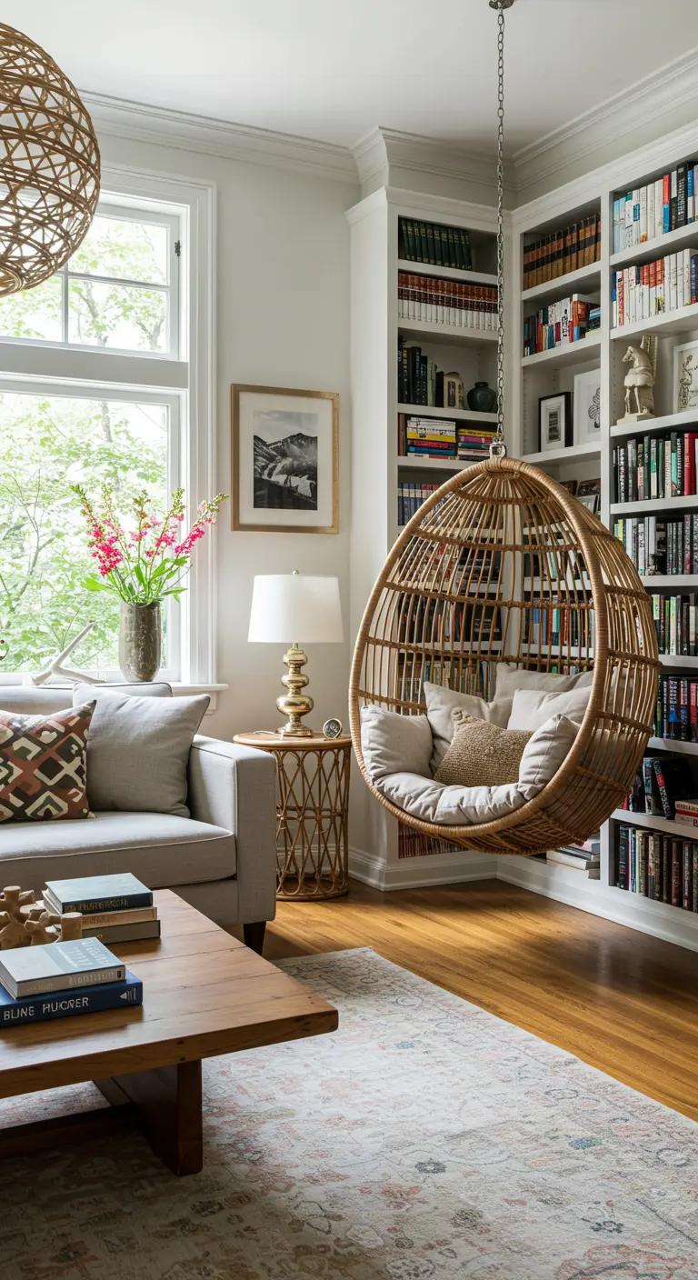 Leeshoek in een bibliotheek met boekenkasten rondom en een rotan hangstoel.