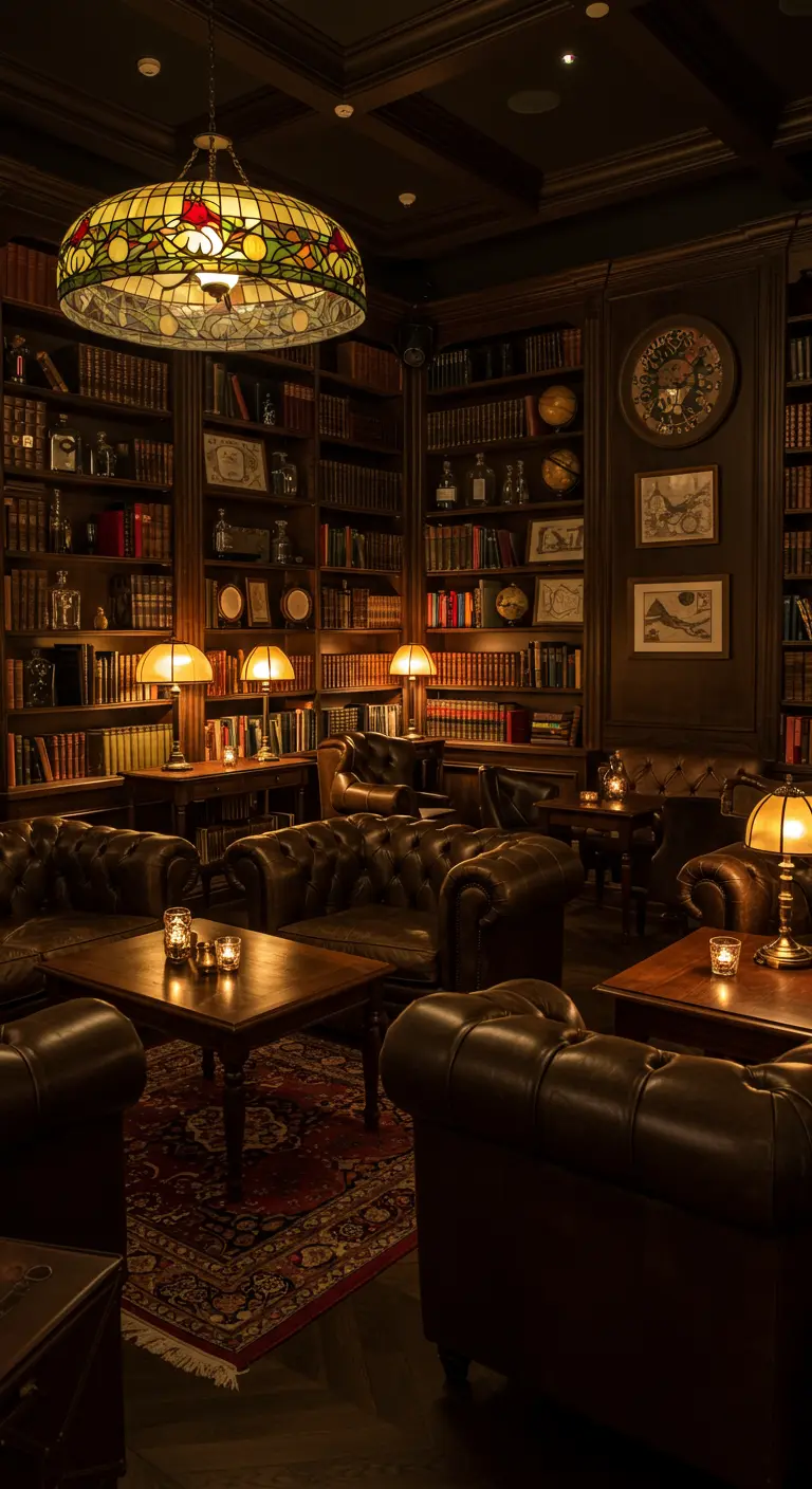 Klassieke bibliotheeksetting met leren fauteuils en warme verlichting.