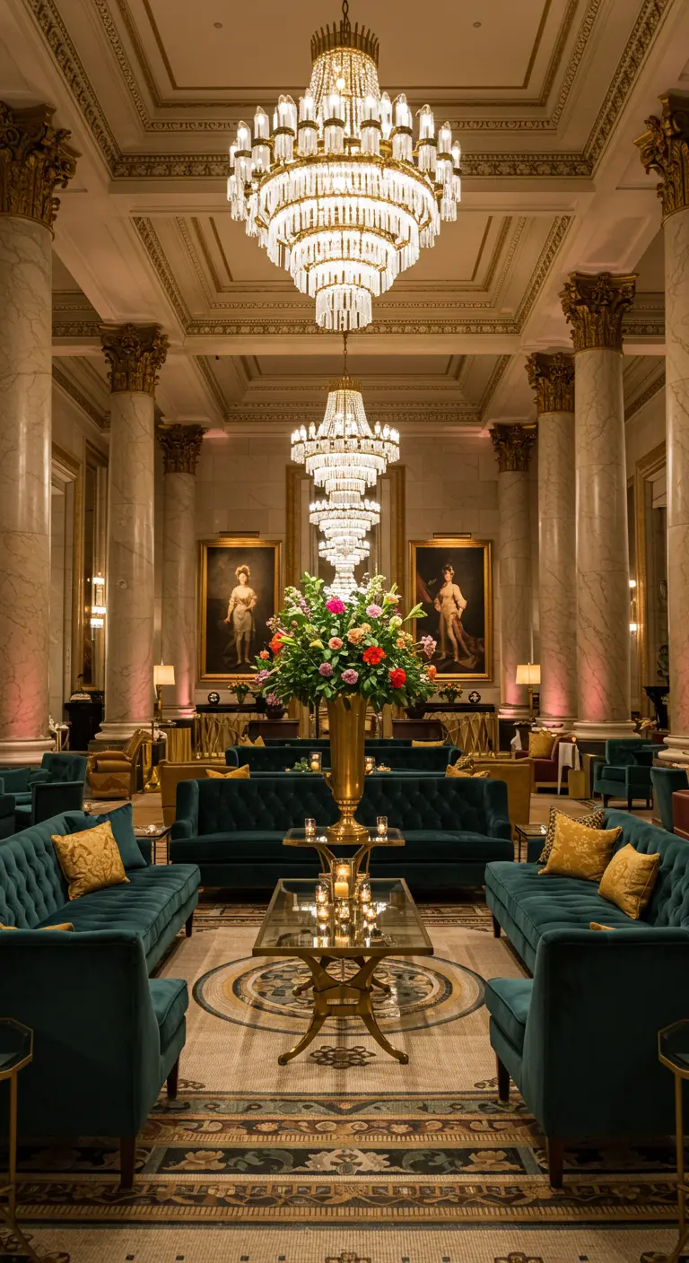 Hotel lobby met teal banken, gouden tafels en grote bloemstukken.