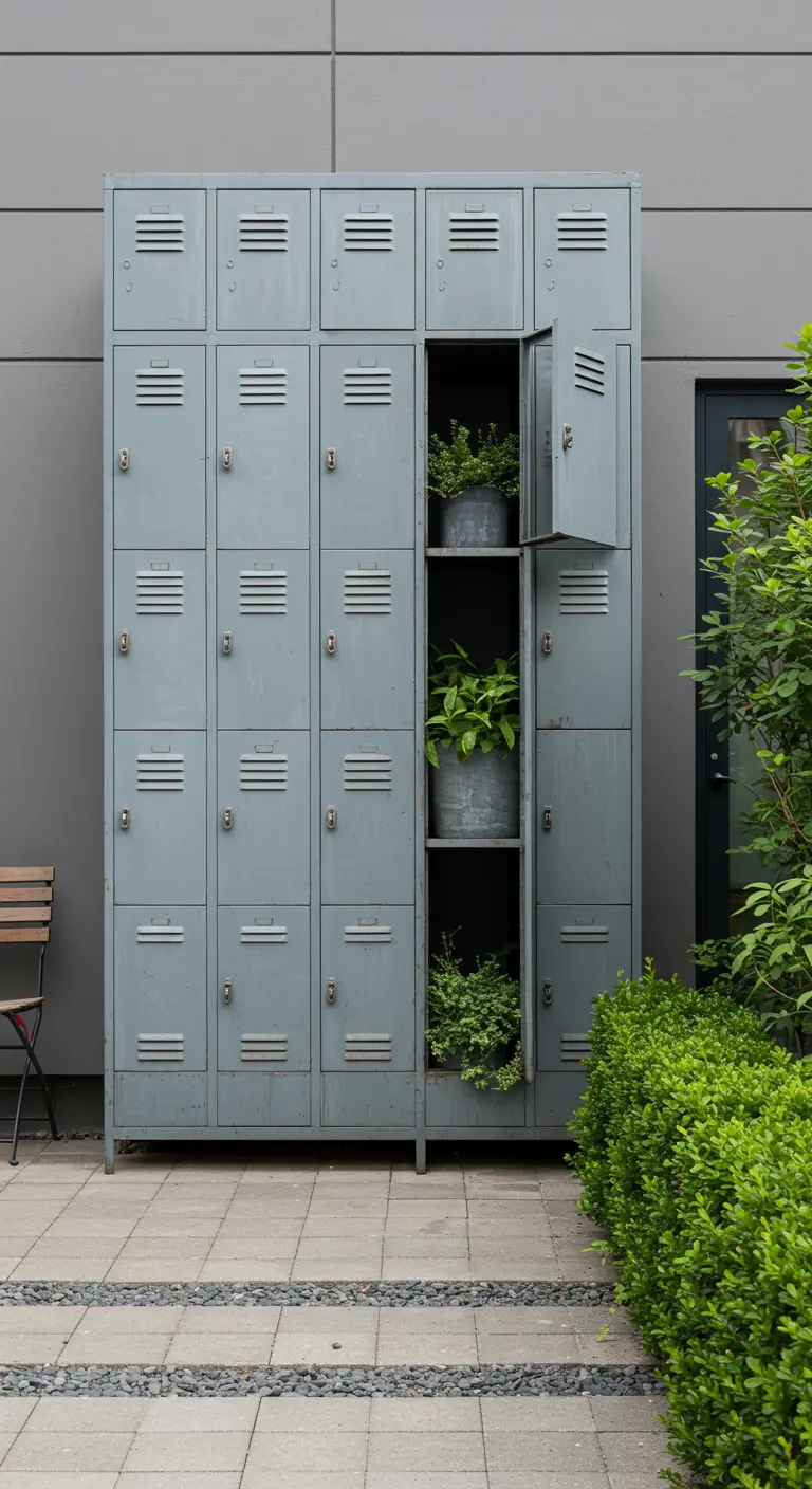 Grijze metalen locker-kast buiten, met enkele open deurtjes waarin planten in potten staan.