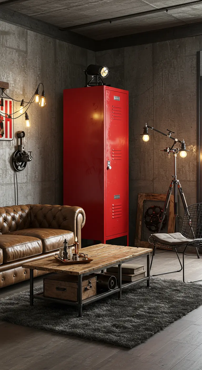 Rode metalen locker als opbergkast in een industrieel ingerichte woonkamer.