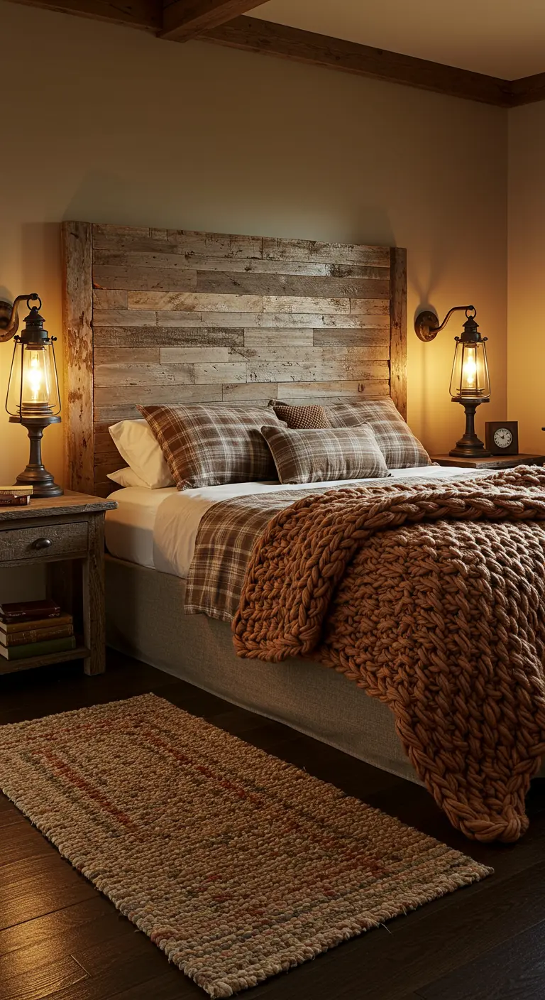 Rustieke slaapkamer met groot houten hoofdbord, gebreide plaid en lantaarn-stijl wandlampen.