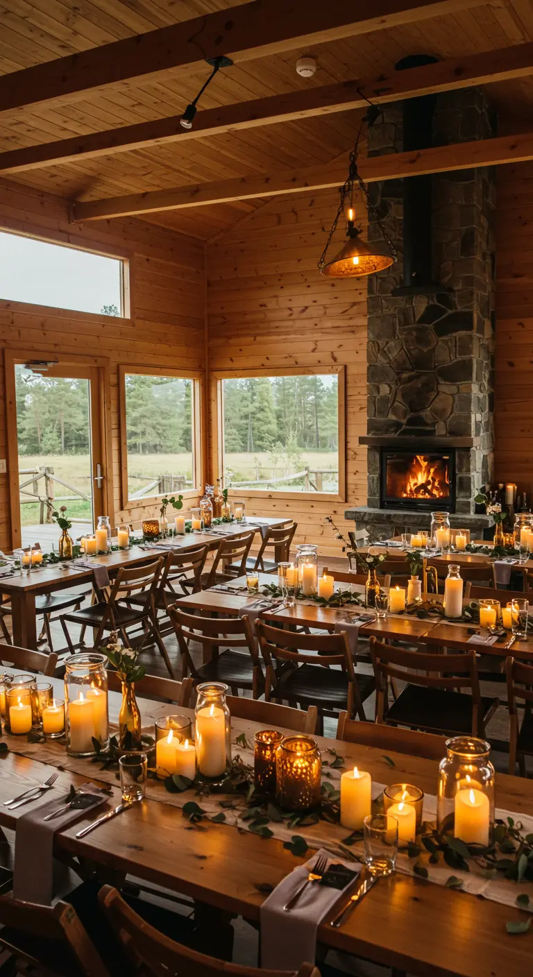 Houten lodge met open haard en tafels vol kaarsen in glazen potten.