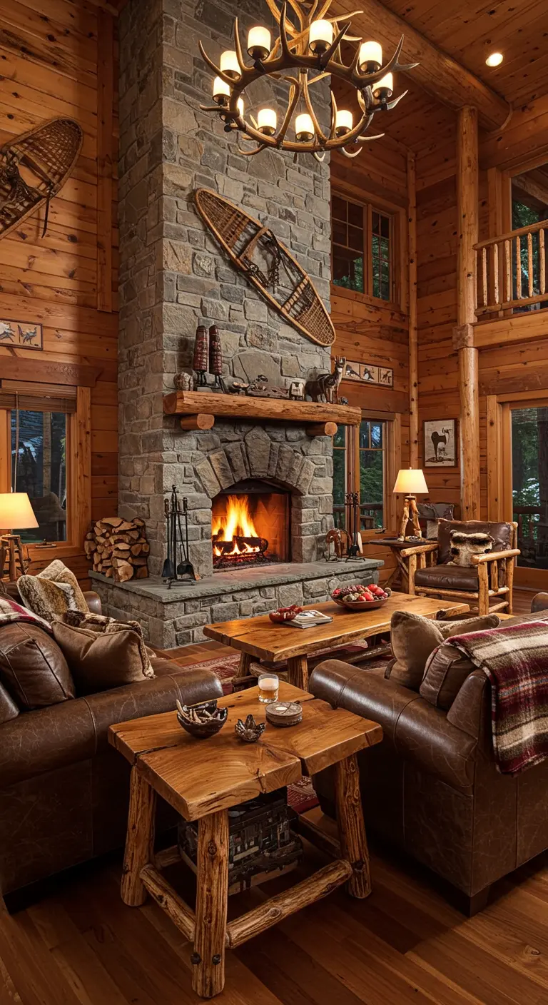Rustieke lodge-stijl woonkamer met hoge stenen haard en houten interieur.