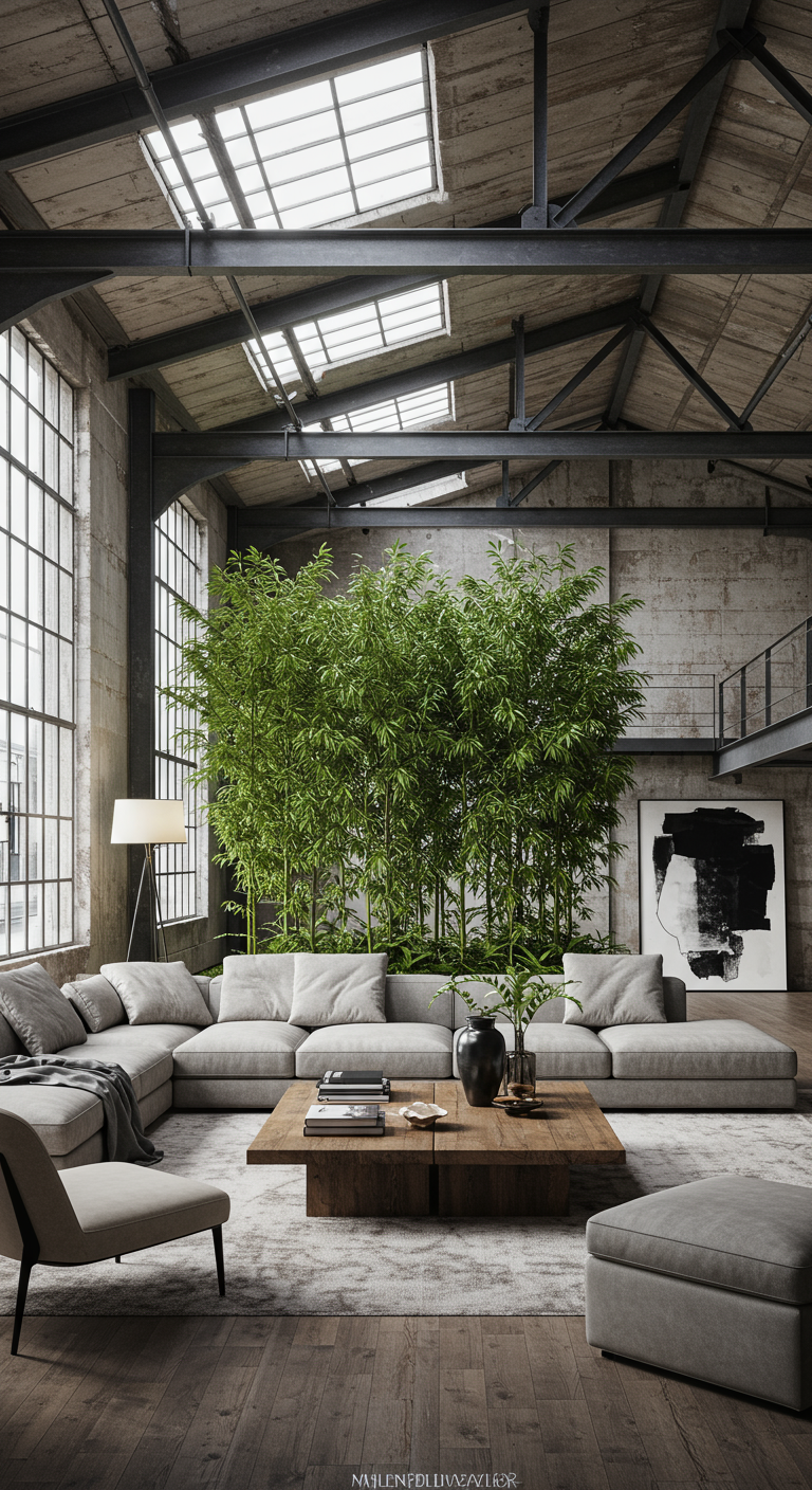 Industriële loft woonkamer met hoge bamboeplanten als roomdivider.