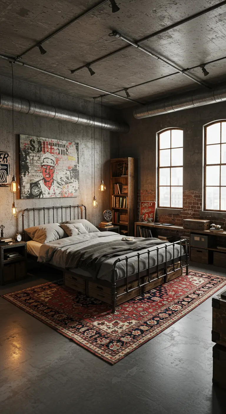 Industriële loft slaapkamer met metalen bed, Perzisch tapijt en bakstenen muuraccent.