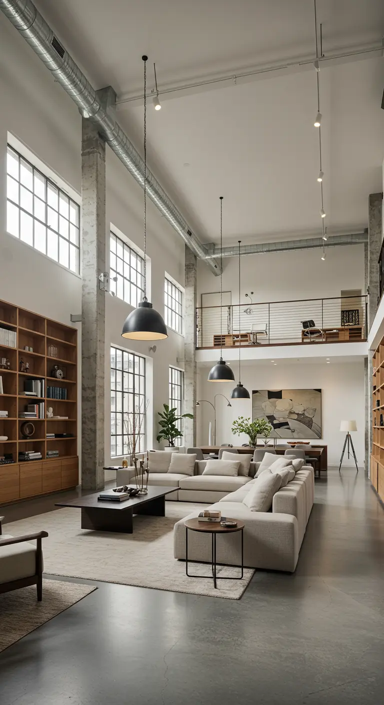 Ruime loft woonkamer met hoge plafonds, grote ramen en lichte modulaire bank.