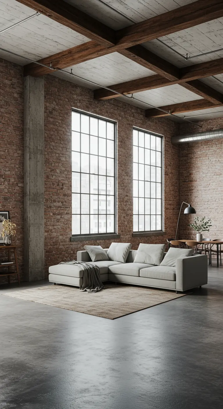 Industriële loft woonkamer met bakstenen muur, betonnen vloer en grijze hoekbank.
