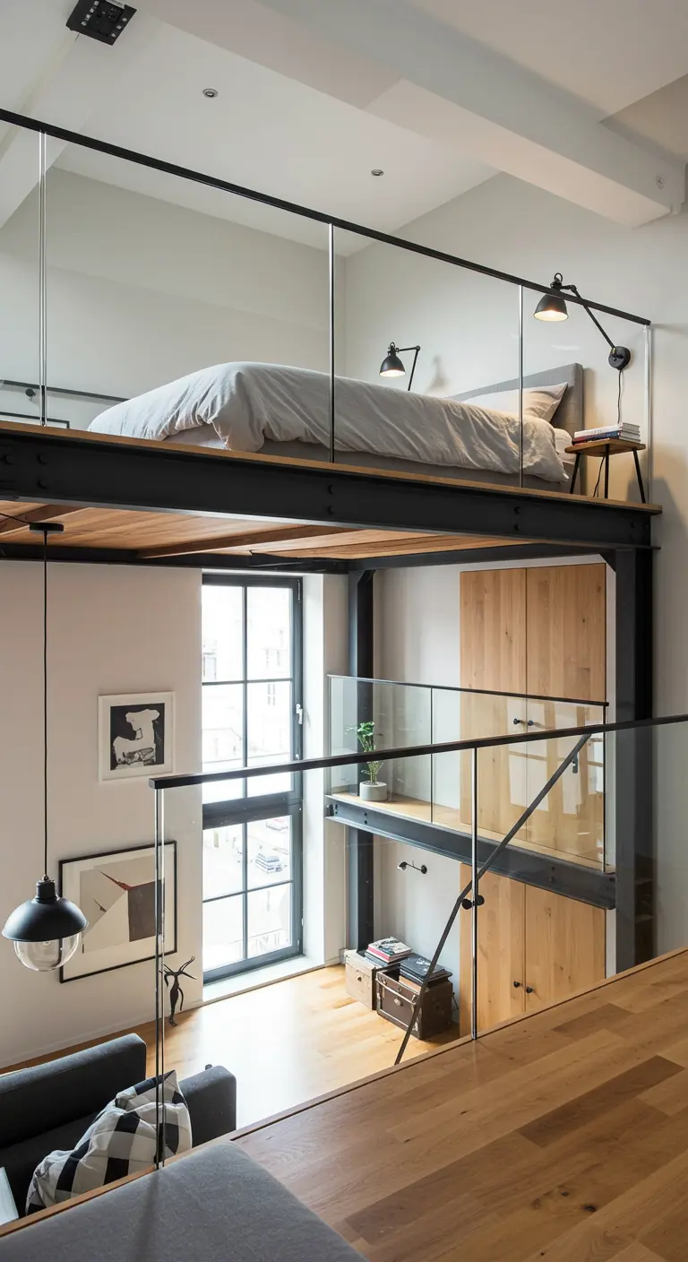 Moderne loft met een bed op een mezzanine, waardoor eronder leefruimte ontstaat.