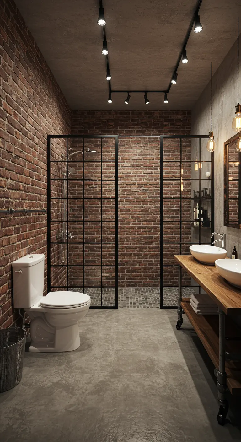 Industriële badkamer met bakstenen muren, betonnen vloer en wit toilet.