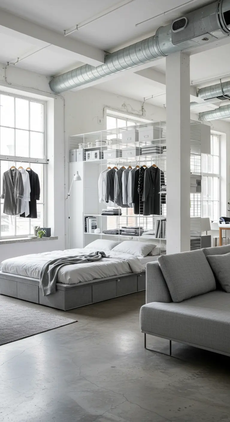 Ruime loft-slaapkamer met wit metalen open kastsysteem, grote ramen en betonnen vloer.