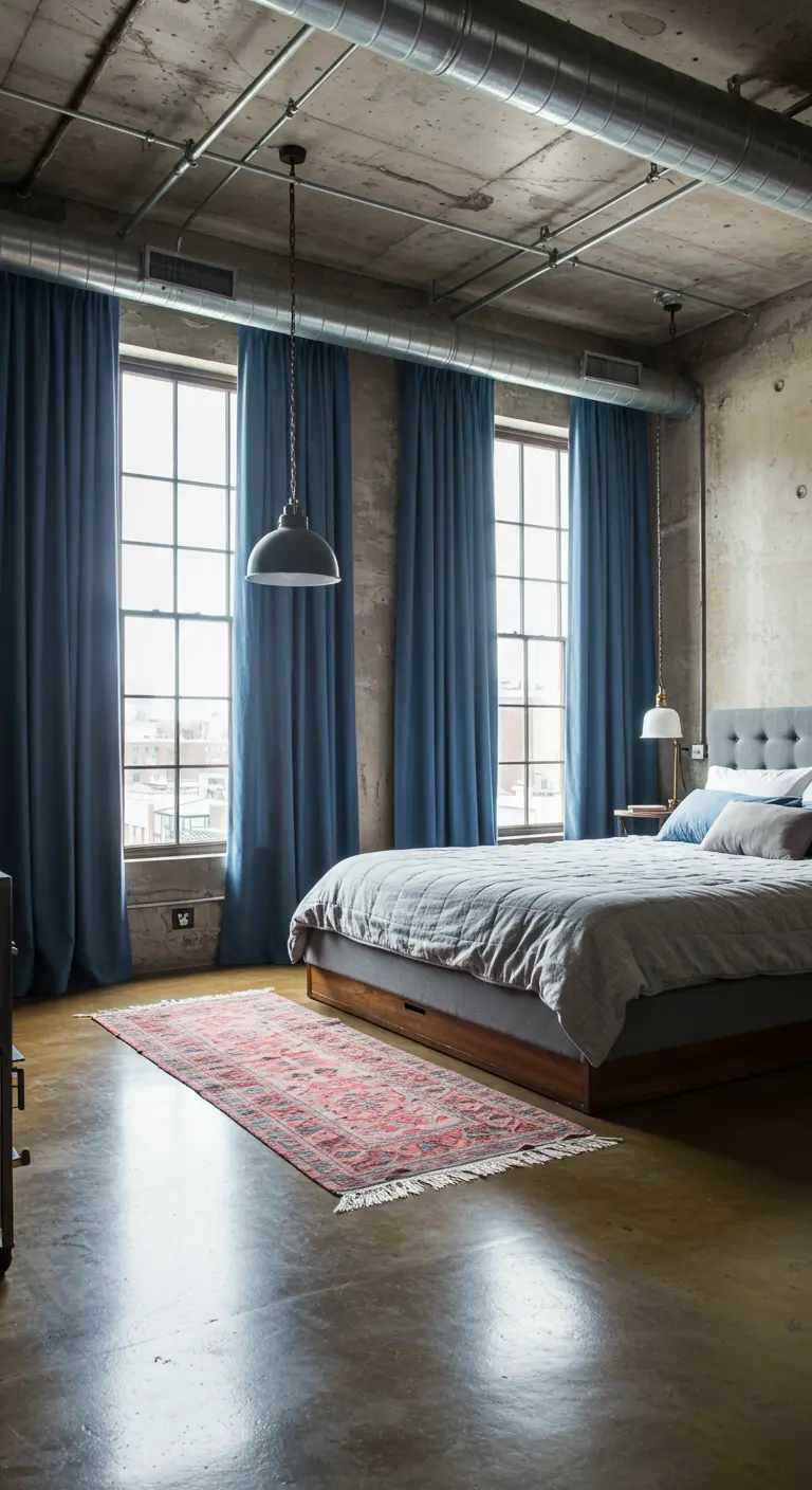 Industriële loft slaapkamer met blauwgrijze gordijnen.