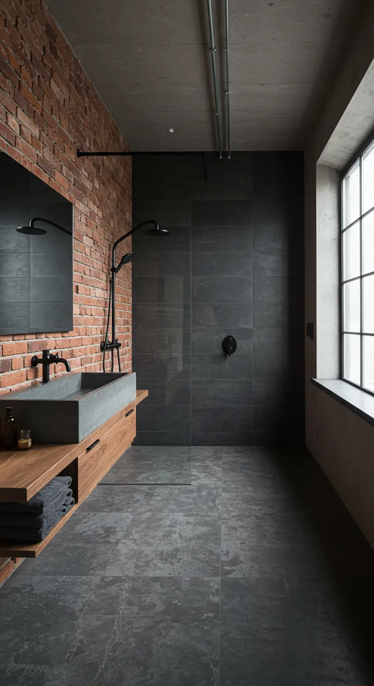 Industriële badkamer met bakstenen muur, betonnen wastafel, zwarte douchewand en grote ramen.