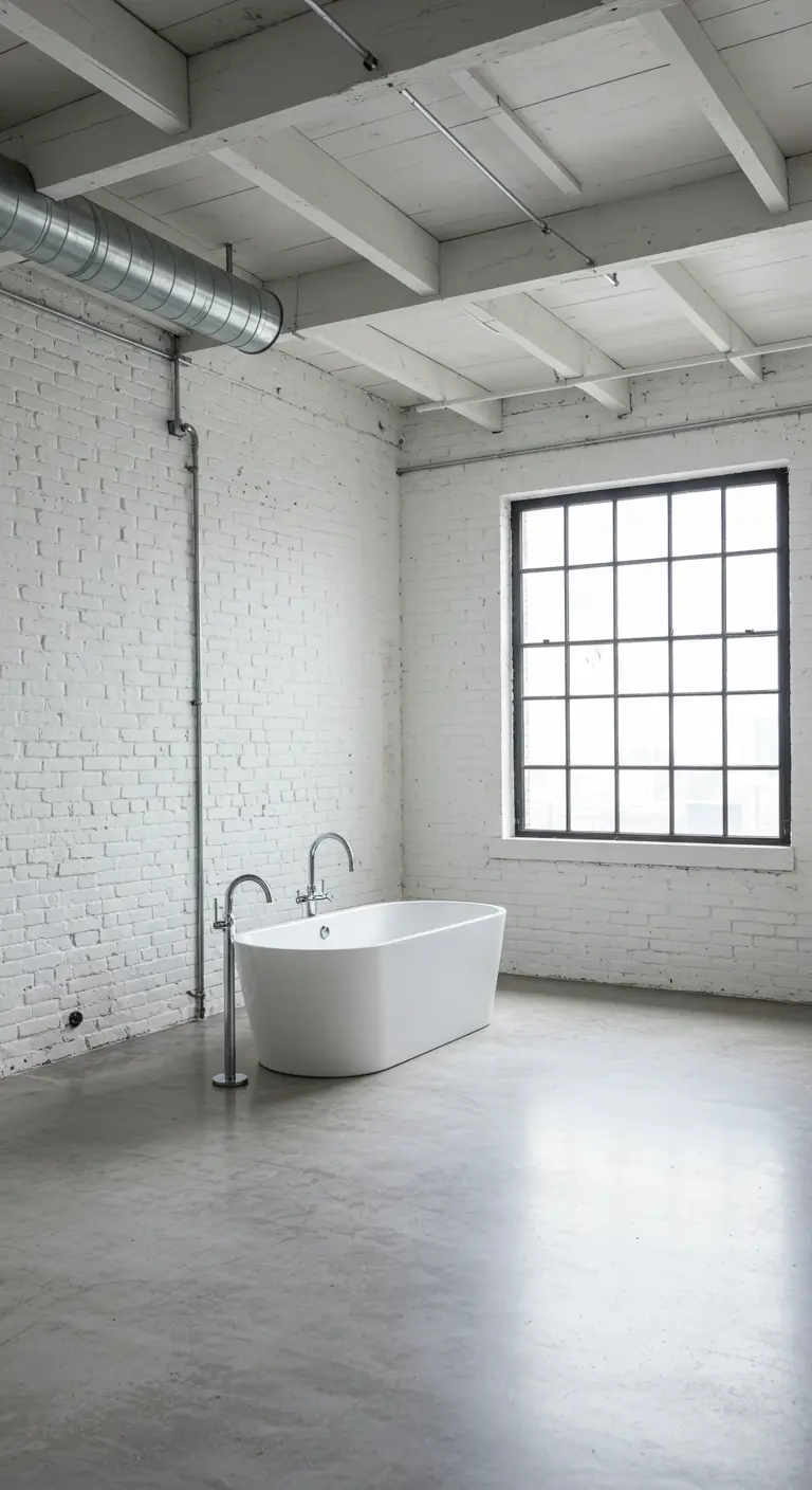 Industriële witte badkamer met witgeschilderde bakstenen muur en groot zwart raam.