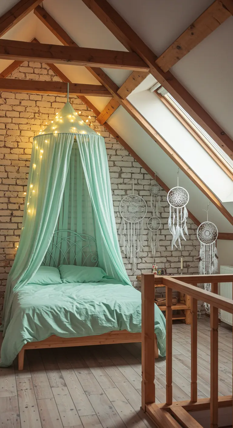 Zolderkamer met mintgroen hemelbed, bakstenen muur, houten balken, dromenvangers en lichtjes.