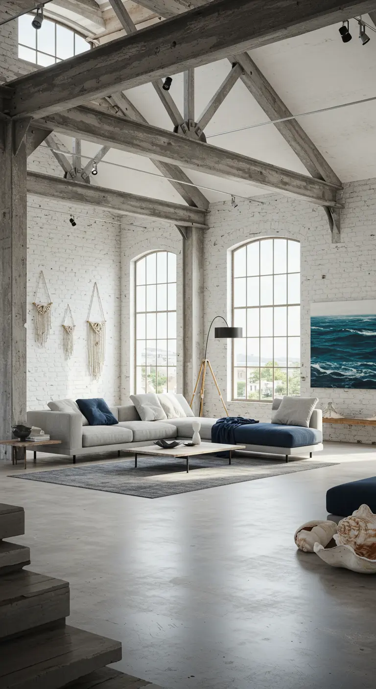 Industriële loft woonkamer met baksteen, betonnen vloer en blauwe maritieme kunst.