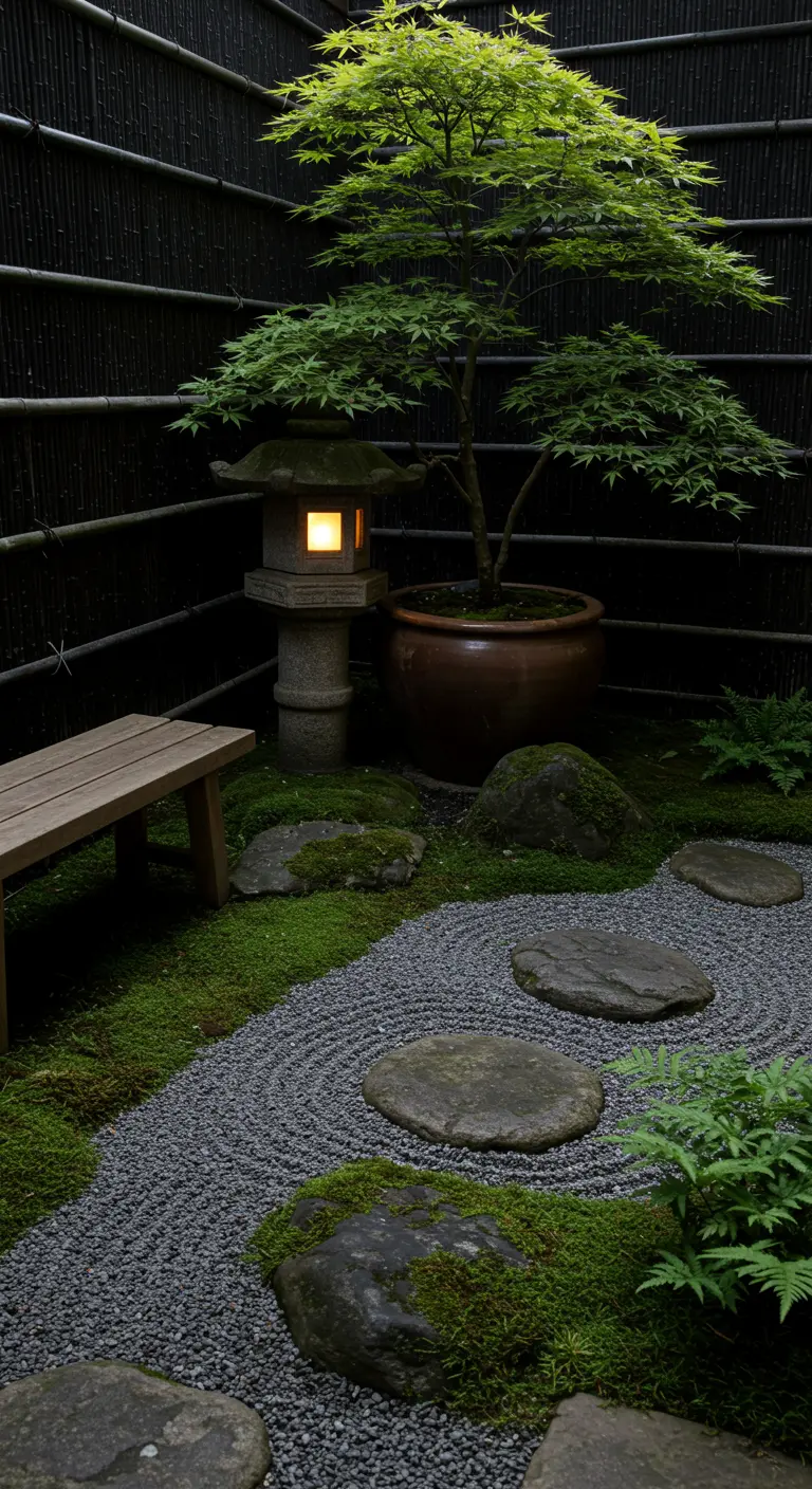 Japanse tuin met Japanse esdoorn, Longkruid, mos, stapstenen, grindcirkels en een stenen lantaarn.