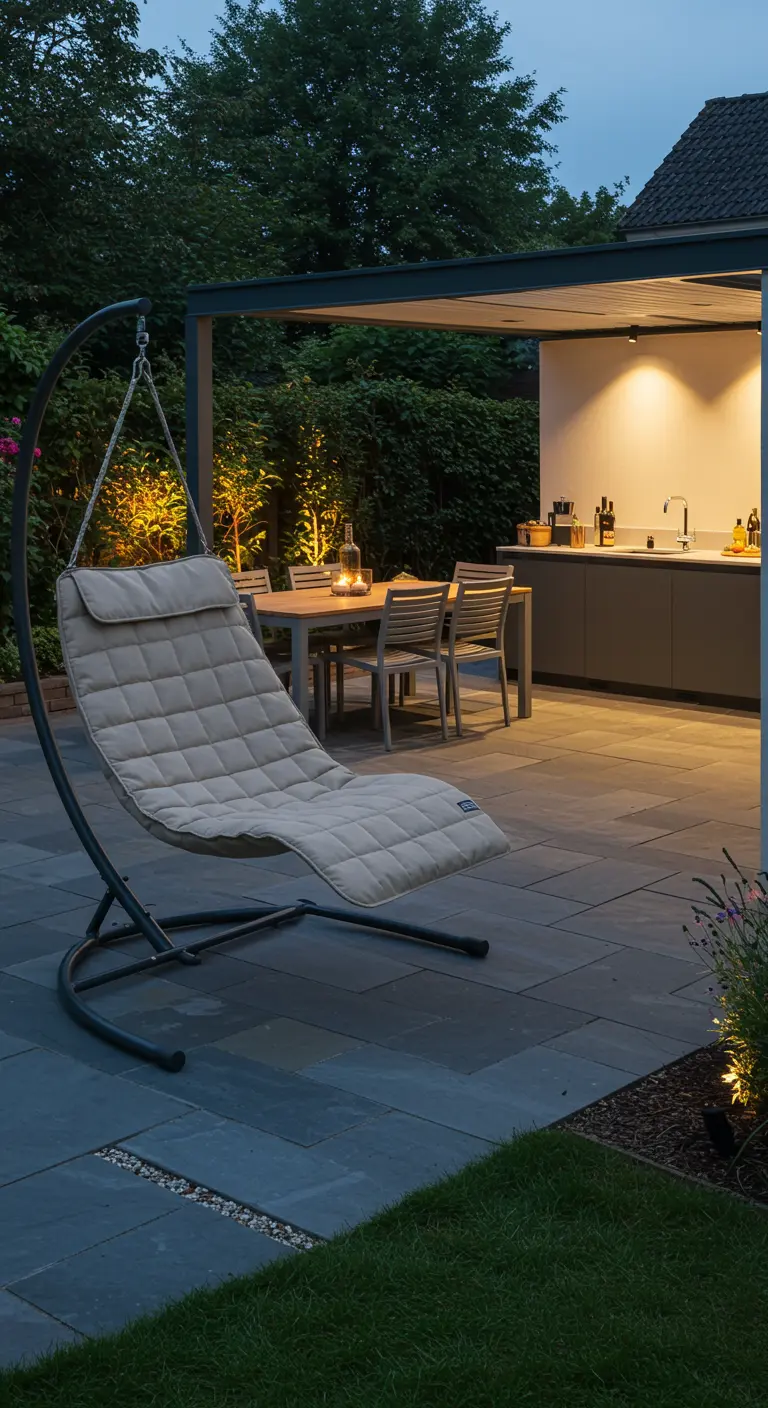 Luxe beige hangstoel/ligbed bij een moderne buitenkeuken en eethoek onder overkapping.